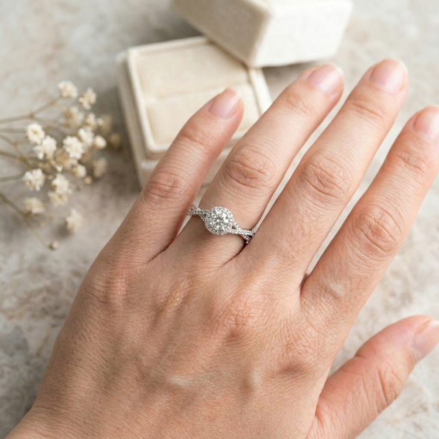 A woman wearing the 0.6 carat round lab-grown diamond engagement ring on her hand, demonstrating the elegant proportions of the twisted halo design for everyday wear.