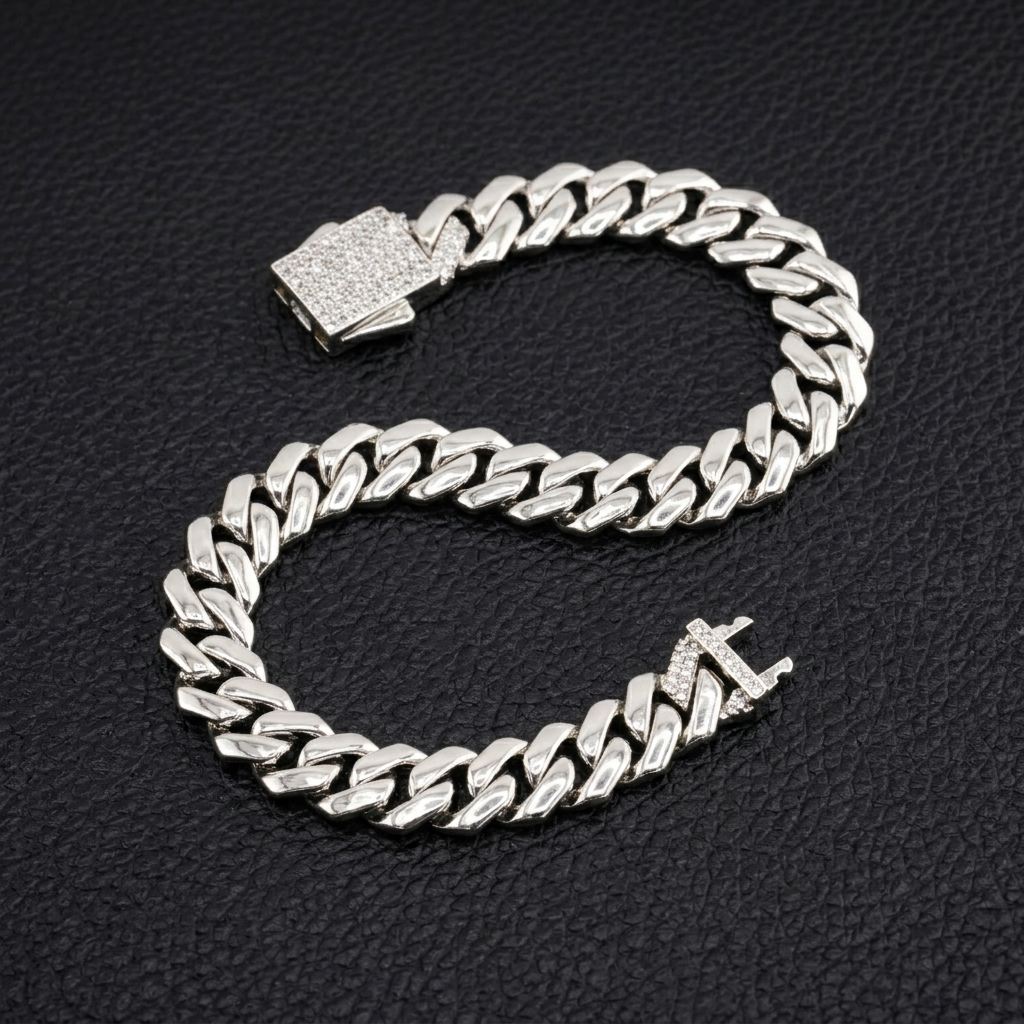 10mm VVS moissanite Cuban link bracelet in S925 sterling silver shaped in an S curve, displaying an iced-out box clasp.