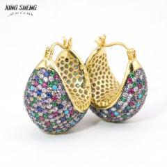 Vibrant Rainbow Pavé Chunky Teardrop Hoop Earrings | Rhodium-Plated 925 Silver & 6A VVS CZ Statement Jewelry