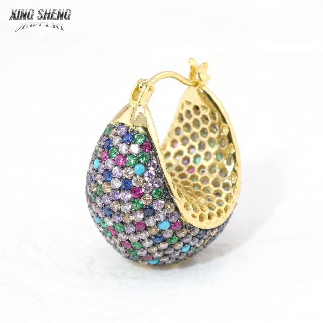 Vibrant Rainbow Pavé Chunky Teardrop Hoop Earrings | Rhodium-Plated 925 Silver & 6A VVS CZ Statement Jewelry