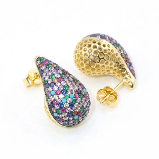 Luxury Rainbow Micro-Pavé Teardrop Stud Earrings | 6A VVS Cubic Zirconia in S925 Sterling Silver | Custom Jewelry Manufacturer