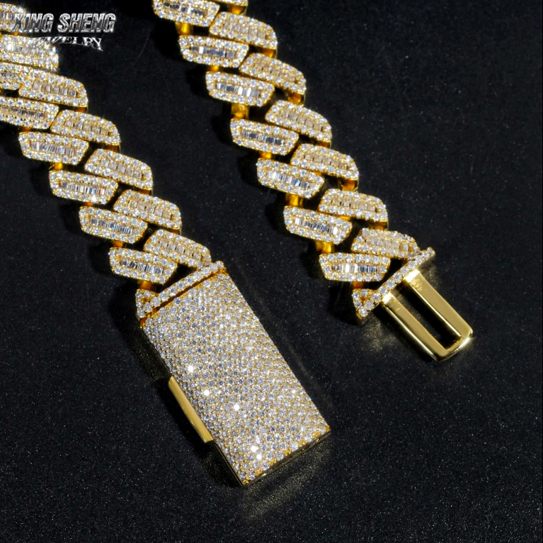 Front view of the 15mm iced out baguette and round moissanite Cuban link chain in solid S925 silver, showcasing the heavy fold-over clasp and VVS D-E color stones.

