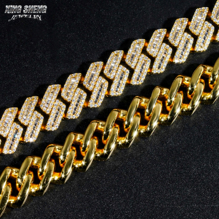 Close-up showing both the iced-out front with precision wax-set moissanite and the polished smooth back of the 15mm S925 silver Cuban link chain.