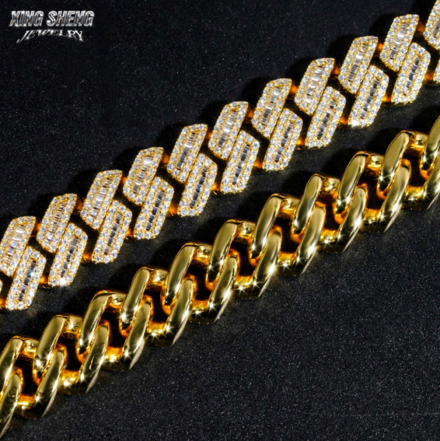 Close-up showing both the iced-out front with precision wax-set moissanite and the polished smooth back of the 15mm S925 silver Cuban link chain.