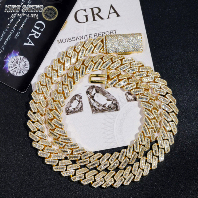 The 15mm baguette moissanite Cuban link necklace elegantly coiled, accompanied by its official GRA certification confirming the Excellent cut and VVS clarity of the stones.