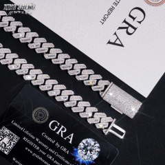 Macro detail shot of the 15mm moissanite Cuban link chain resting alongside the official GRA black warranty card, guaranteeing the lifetime brilliance of the VVS D-E color stones.