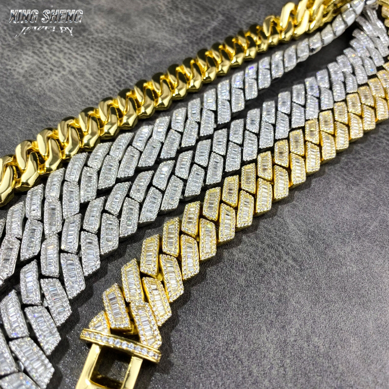 Assortment of 15mm moissanite Cuban link chains showing custom plating options over the solid S925 silver base, perfect for customizable hip hop bracelets and necklaces.