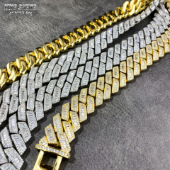 Assortment of 15mm moissanite Cuban link chains showing custom plating options over the solid S925 silver base, perfect for customizable hip hop bracelets and necklaces.