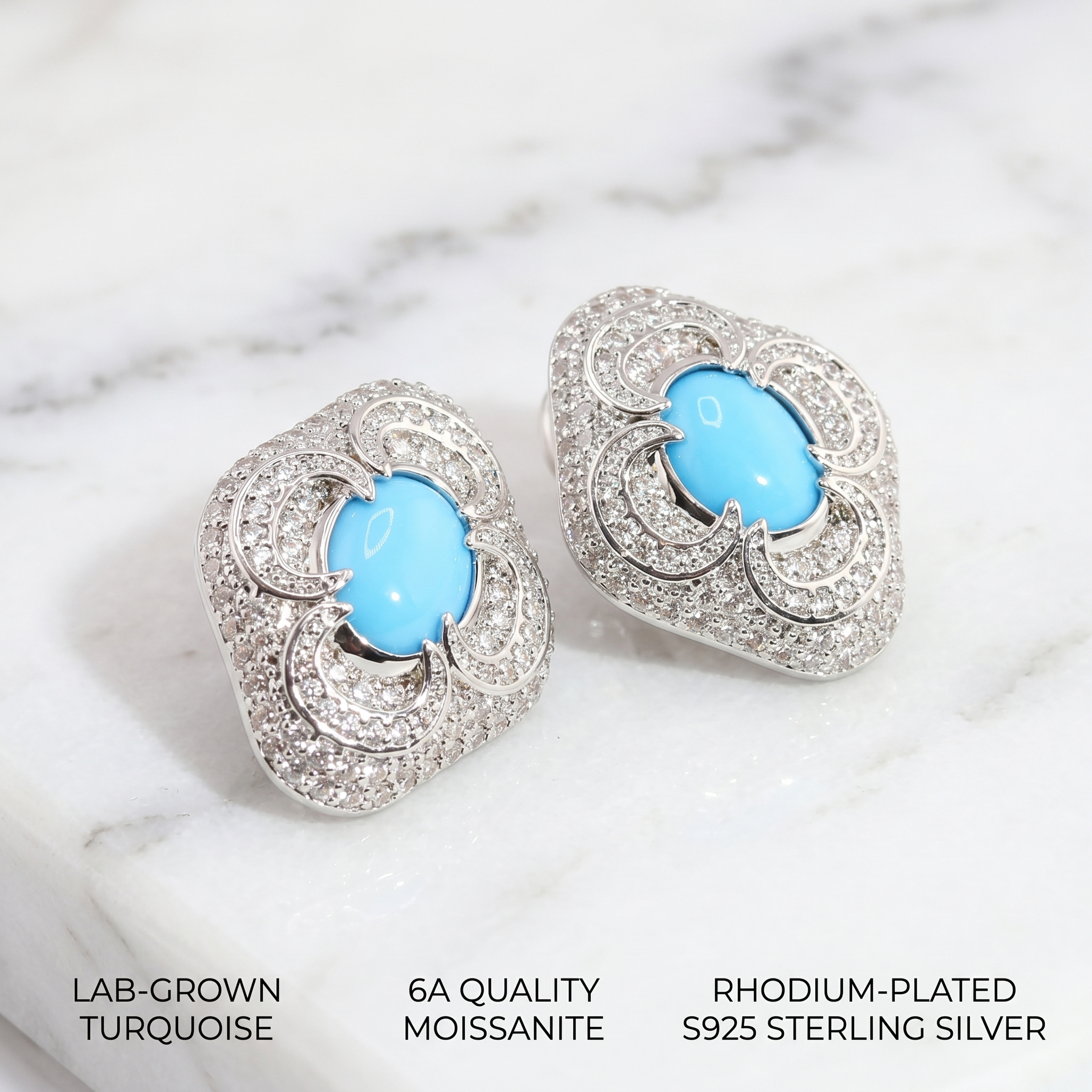 Angled view showcasing the 6A quality moissanite and lab-grown turquoise on a marble surface with rhodium-plated S925 silver details.