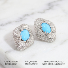 Angled view showcasing the 6A quality moissanite and lab-grown turquoise on a marble surface with rhodium-plated S925 silver details.