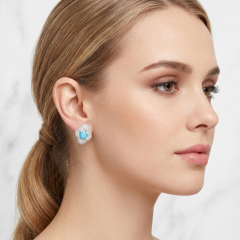 Blonde female model demonstrating the lifestyle styling and facial framing of the luxury moissanite and turquoise clover earrings.
