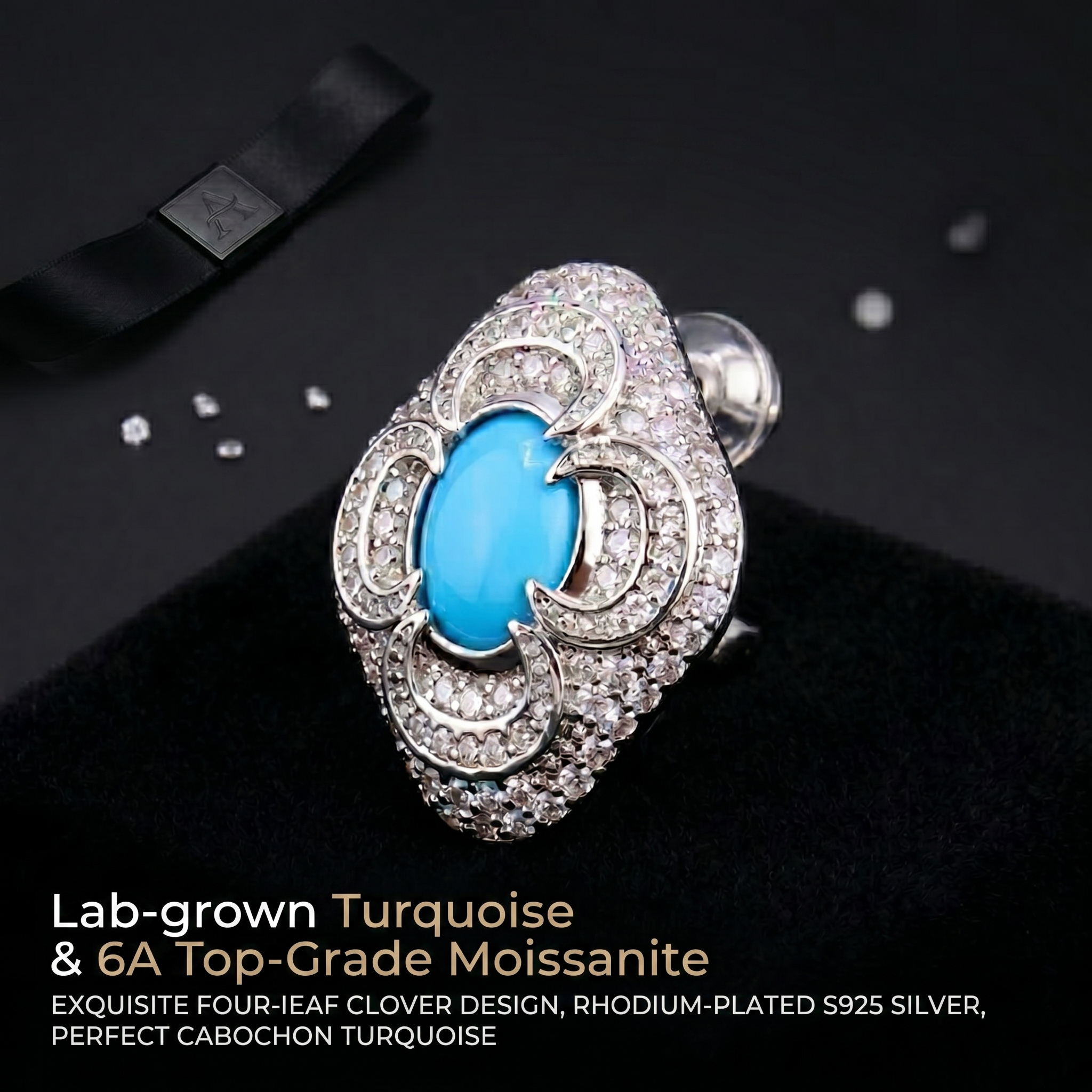 Premium luxury black velvet jewelry gift box presentation for the custom lab-grown turquoise and 6A moissanite earrings.