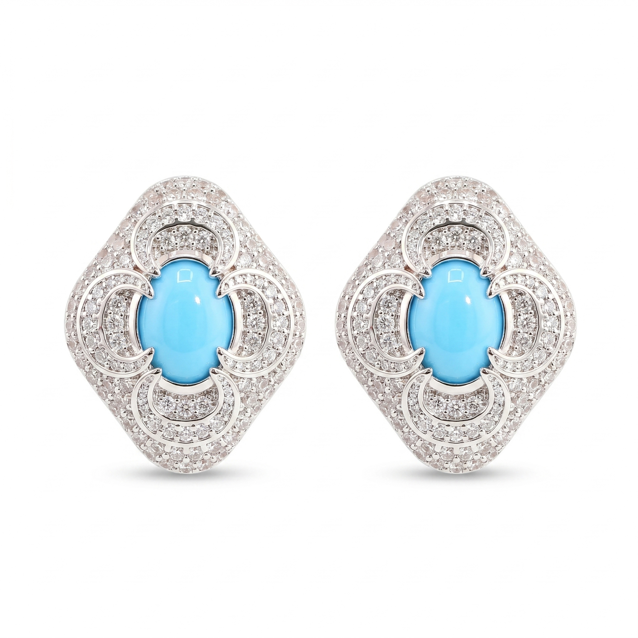 Front view of round VVS moissanite and lab-grown turquoise four-leaf clover stud earrings in rhodium-plated S925 silver.