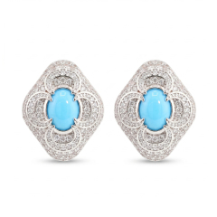 Front view of round VVS moissanite and lab-grown turquoise four-leaf clover stud earrings in rhodium-plated S925 silver.