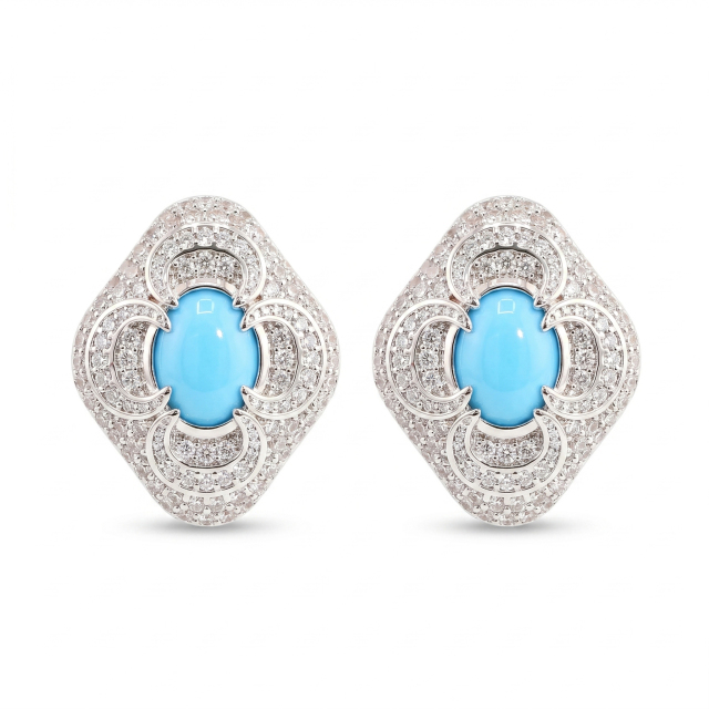 Front view of round VVS moissanite and lab-grown turquoise four-leaf clover stud earrings in rhodium-plated S925 silver.