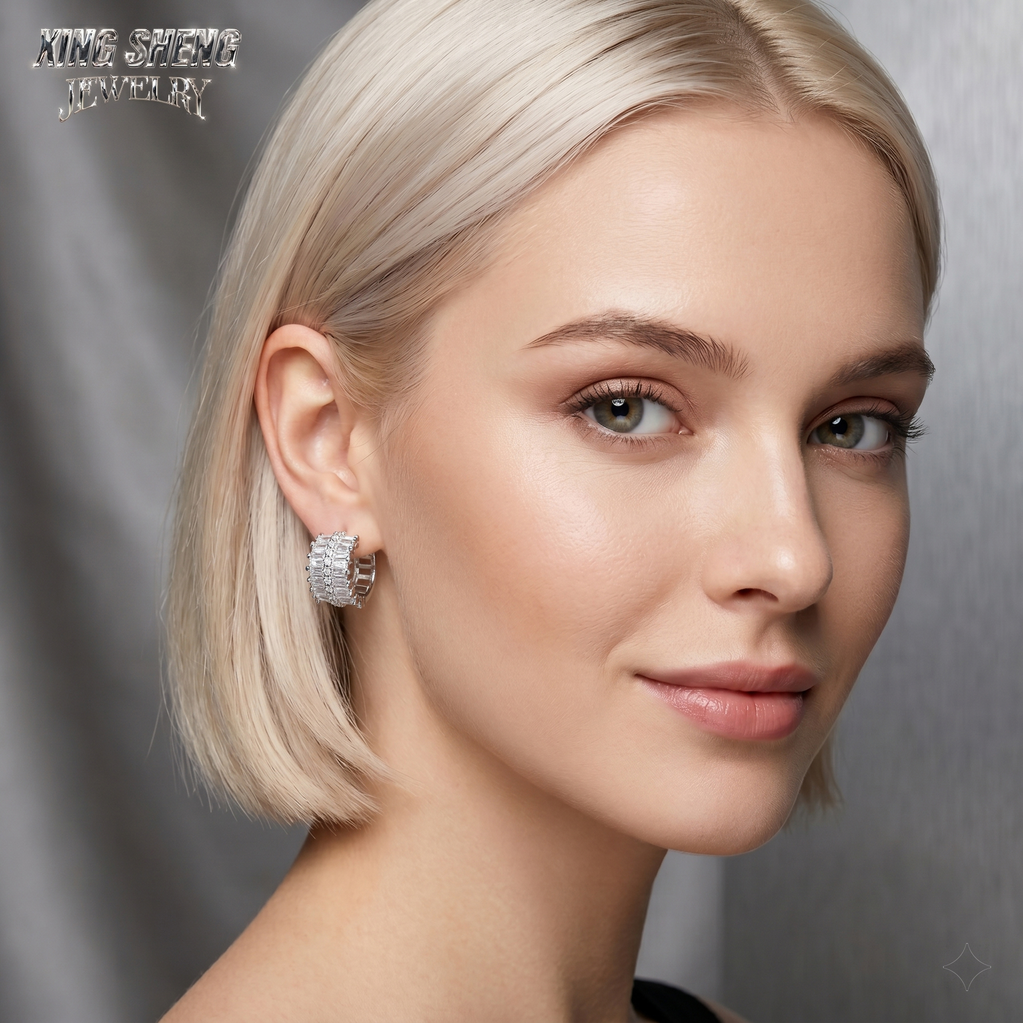 Close-up portrait of a model wearing high-end baguette moissanite earrings by Xing Sheng Jewelry, showcasing timeless everyday luxury.