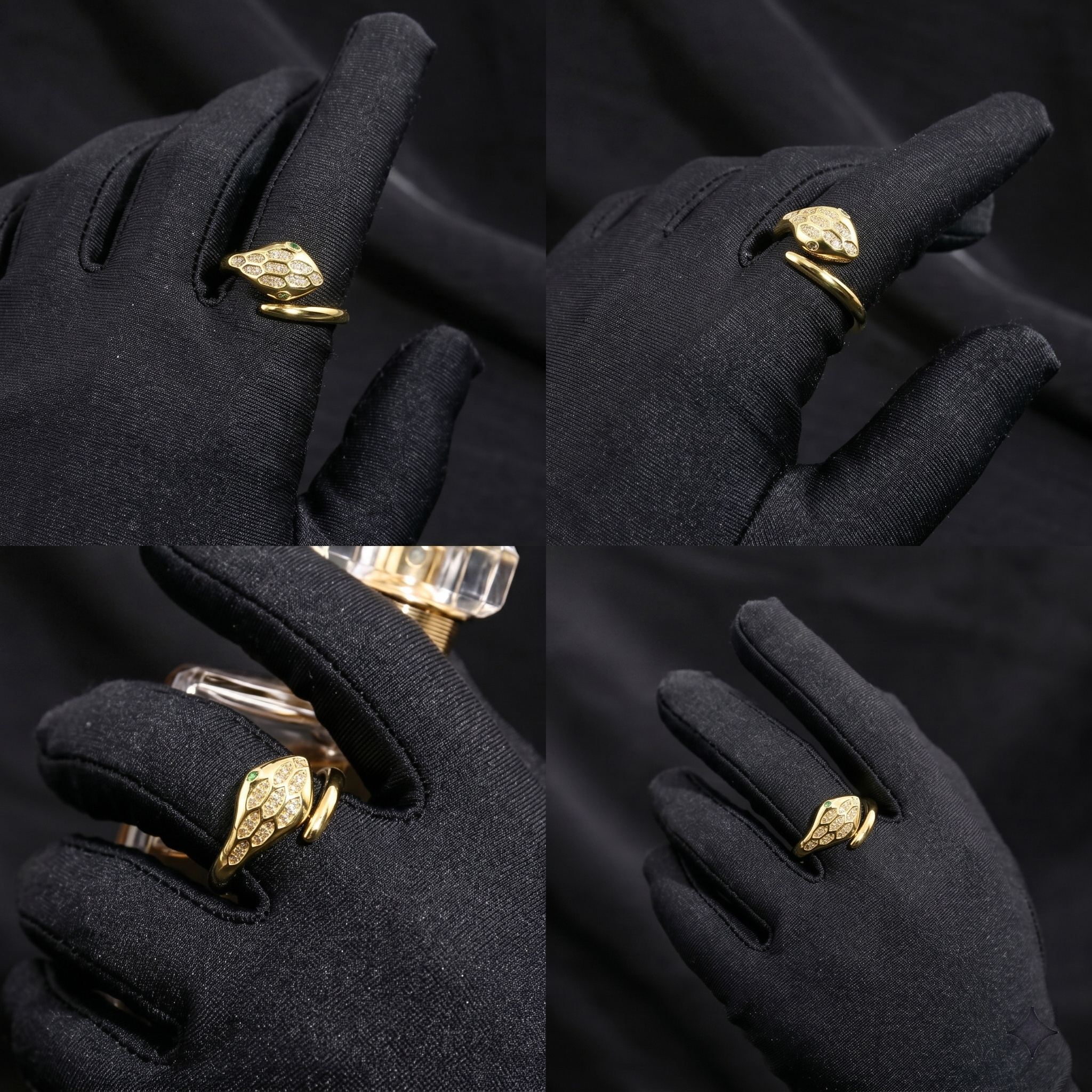 Multiple angles of a high-end thick rhodium-plated sterling silver serpent ring worn on a black glove, highlighting the ethical moissanite diamond alternative and coiled snake body.