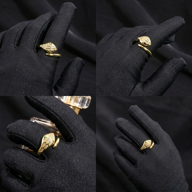 Multiple angles of a high-end thick rhodium-plated sterling silver serpent ring worn on a black glove, highlighting the ethical moissanite diamond alternative and coiled snake body.