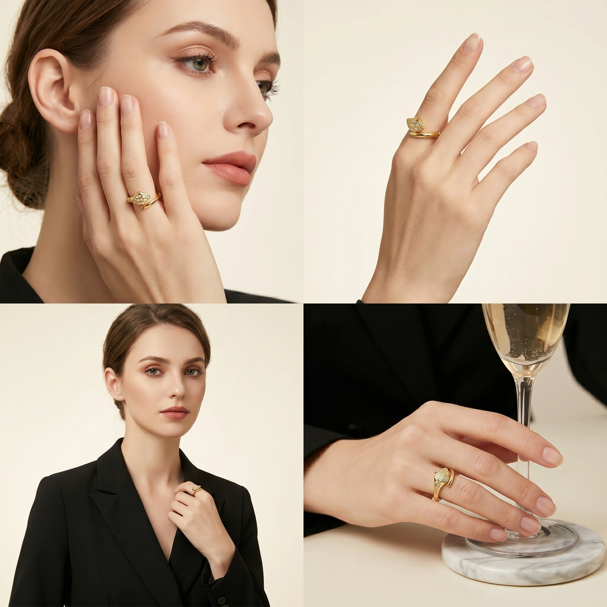 A 4-panel lifestyle collage featuring an elegant female model in a black blazer wearing a gold moissanite serpent ring, including a close-up of her hand holding a champagne glass to highlight the jewelry's sophisticated everyday wearability.