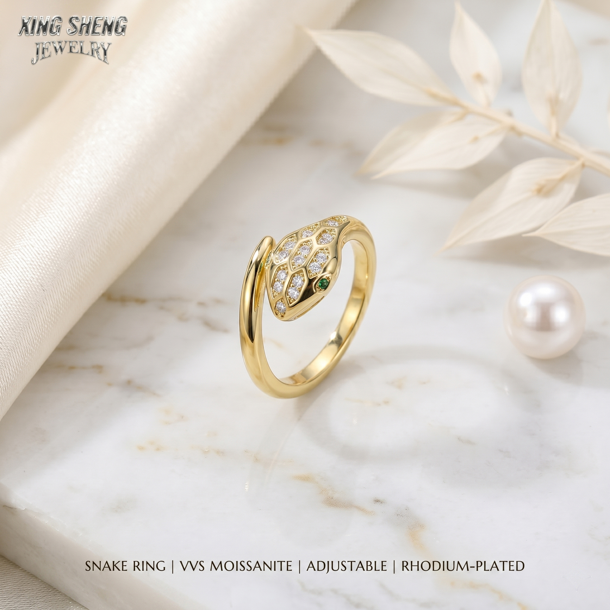Artistic display of an adjustable S925 silver snake ring plated in thick rhodium next to a natural pearl, showcasing the excellent cut brilliance of the center moissanite stone.