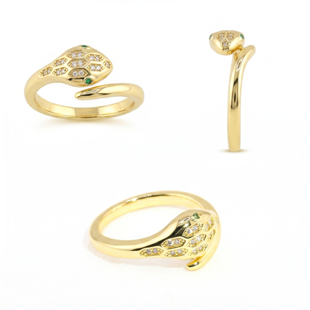 Comprehensive three-angle collage showing the top, side profile, and front view of the thick rhodium-plated serpent engagement ring with a high-dispersion moissanite center.