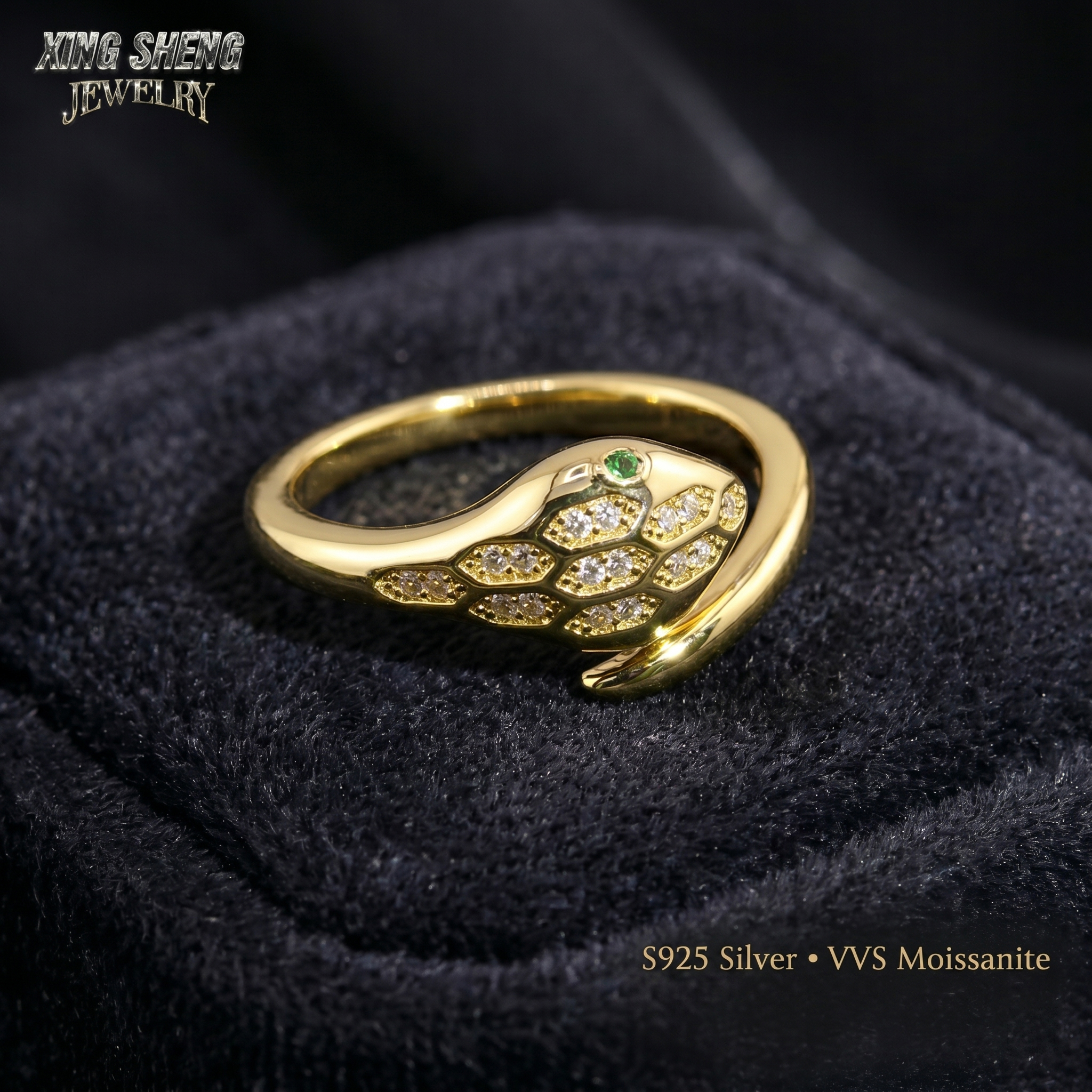 Close-up macro photography of a flawless VVS clarity moissanite snake ring resting in a premium black velvet jewelry box, emphasizing the 6A quality gemstone and thick rhodium finish.