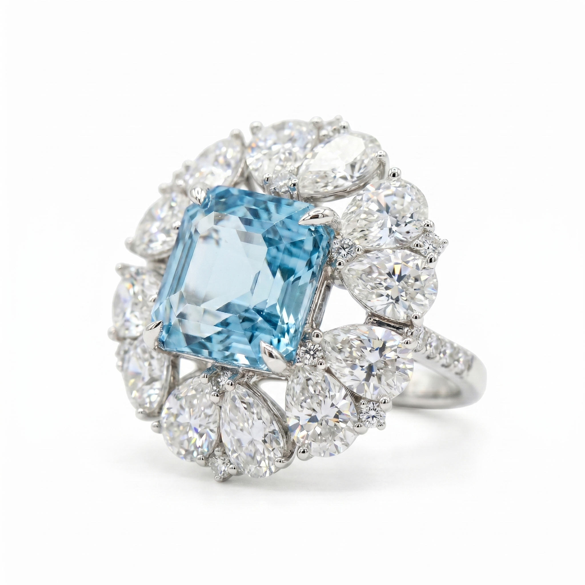 Side angle view on a white background showcasing the intricate basket setting and gallery wire of the 14K white gold Asscher cut topaz and pear moissanite sunburst ring.