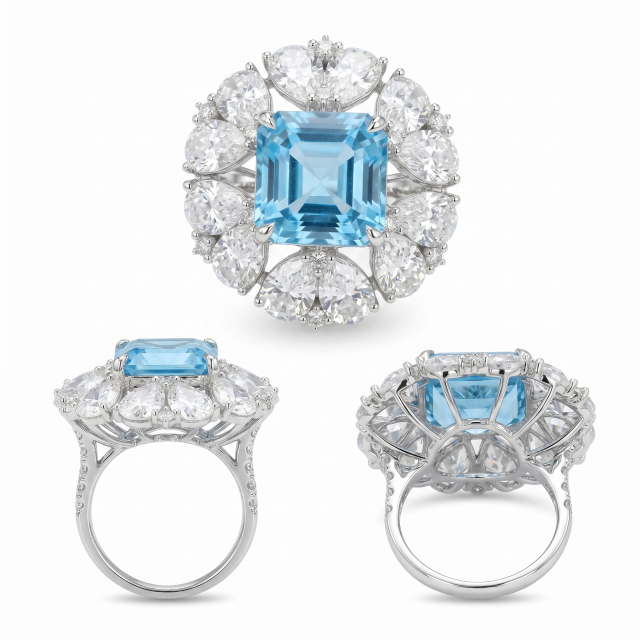 A comprehensive multi-angle collage (top, side, and under-gallery views) demonstrating the exceptional craftsmanship of the 14K solid gold Asscher topaz and moissanite ring by an 18-year source manufacturer.