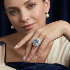 An elegant model holding a luxury jewelry presentation box, beautifully showcasing the breathtaking presence of the Asscher cut blue topaz and pear moissanite ring.