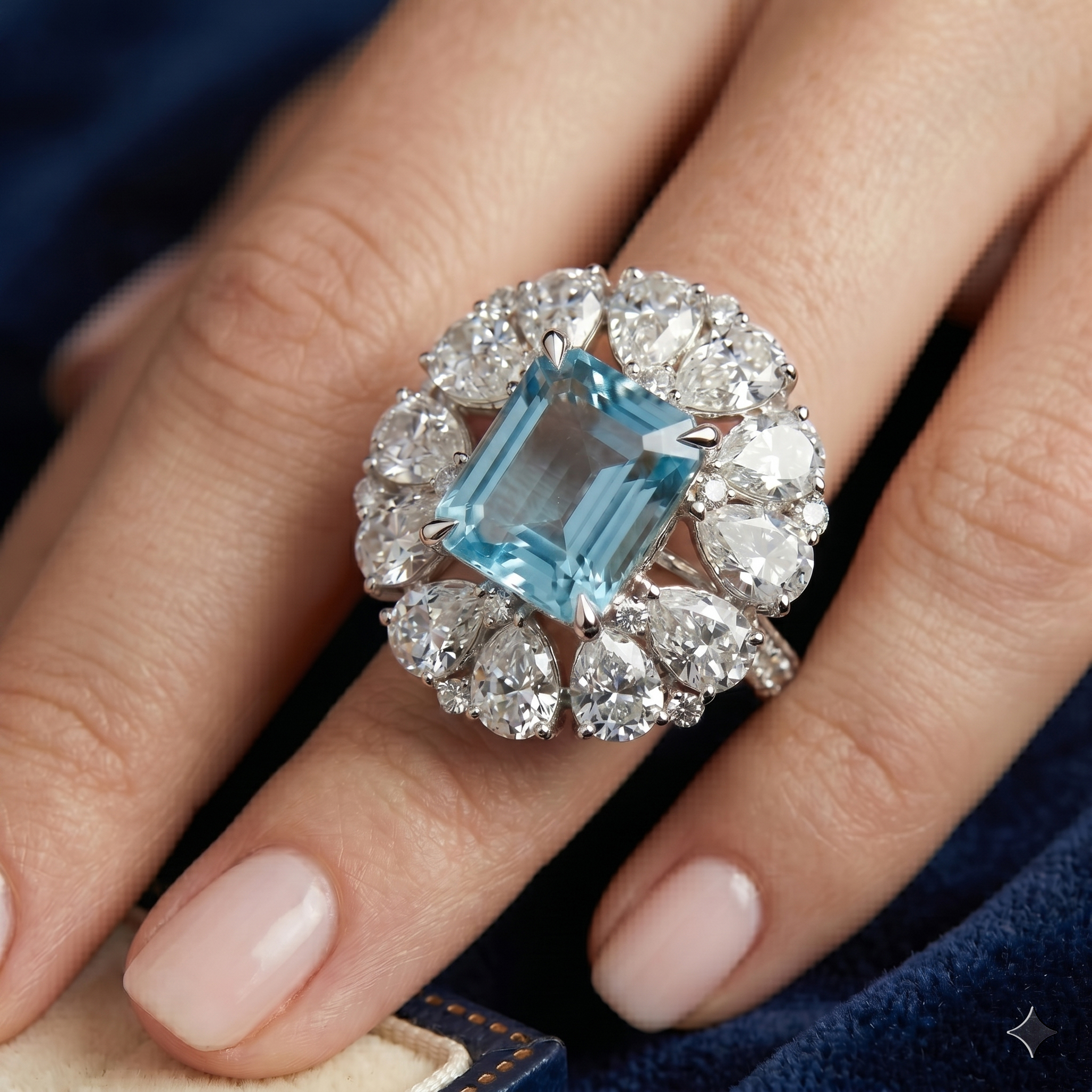 Close-up of a woman's hand wearing the luxurious Asscher cut London Blue Topaz engagement ring, highlighting how the pear moissanite halo flatters the finger.