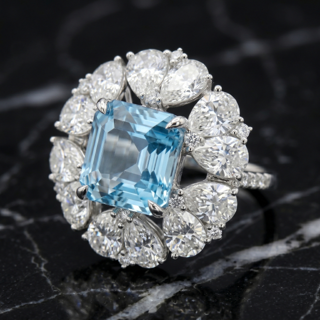 Dramatic close-up of the Asscher cut natural topaz and pear moissanite floral halo ring resting on a luxurious black marble surface, emphasizing gemstone brilliance and fire.