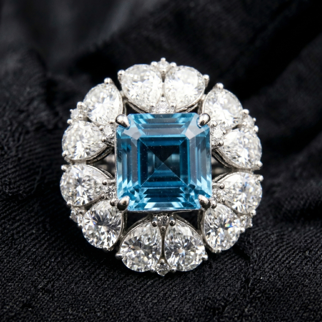 Top-down flat lay view on black texture emphasizing the geometric perfection of the Asscher cut blue topaz center and the brilliant crushed-ice fire of the pear moissanite halo.