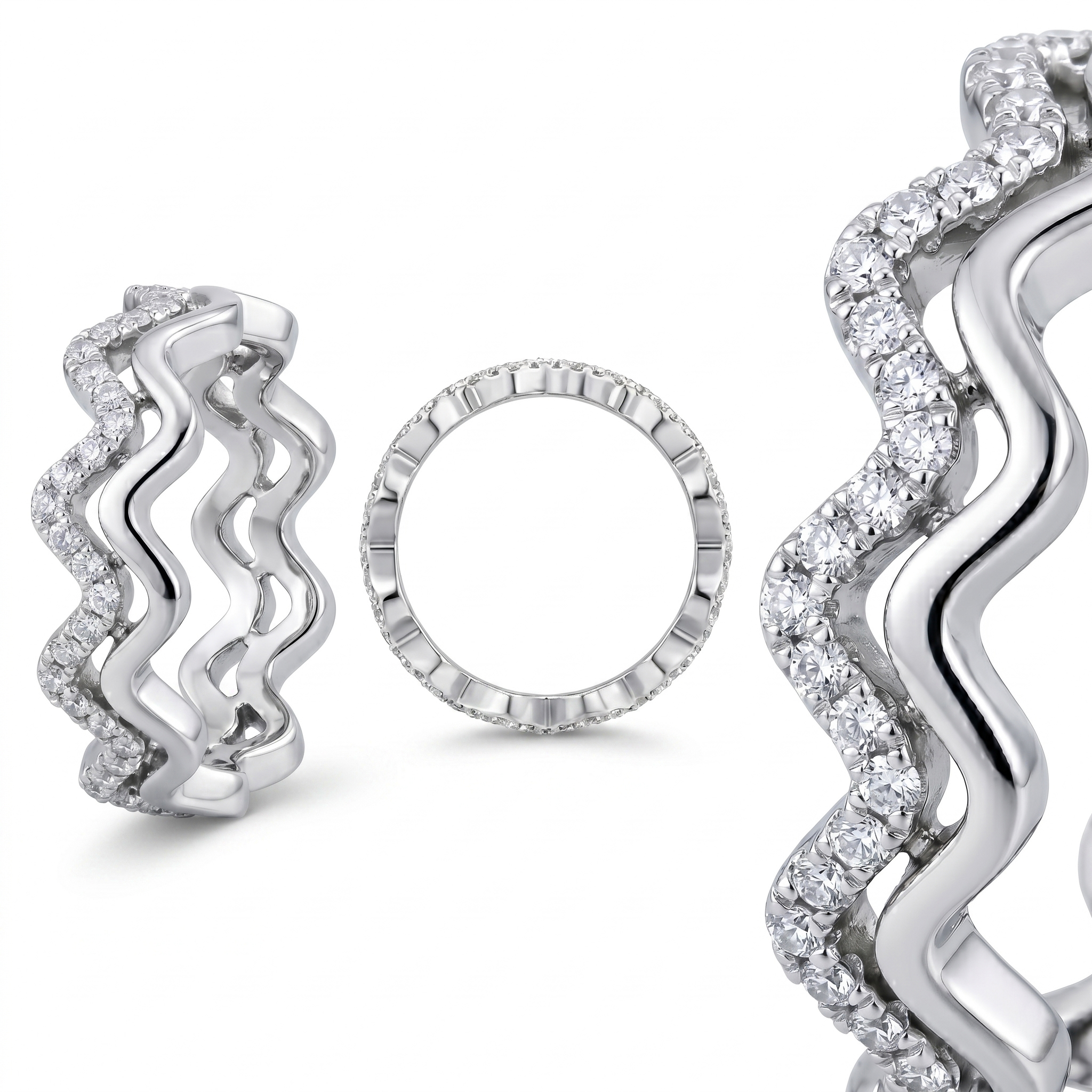 Multiple angles including top and side views of the S925 silver rhodium-plated wavy ring, manufactured by an 18-year experienced source jewelry factory.