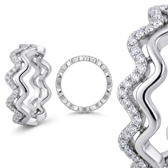 Multiple angles including top and side views of the S925 silver rhodium-plated wavy ring, manufactured by an 18-year experienced source jewelry factory.