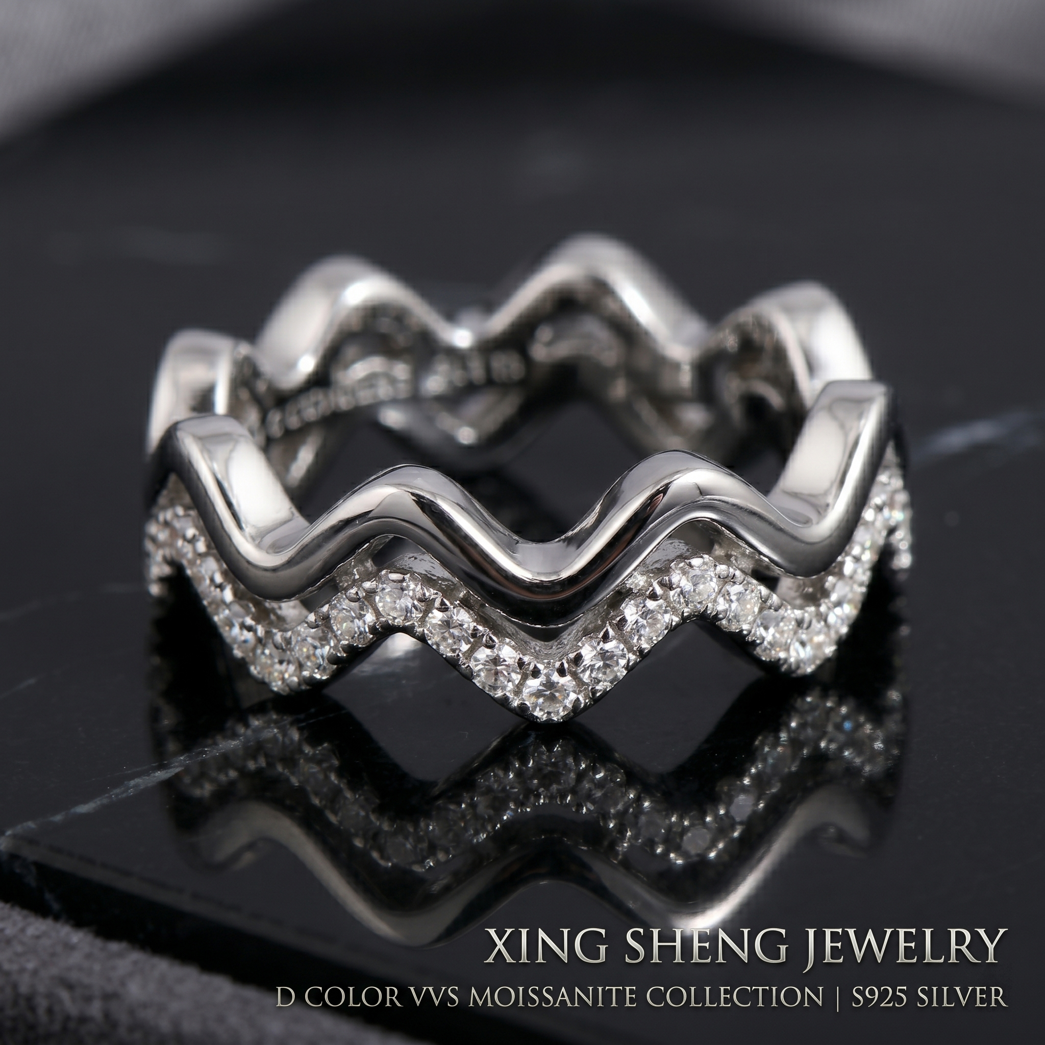 Extreme macro photography detailing the impeccable VVS clarity and fiery brilliance of the top-quality round moissanite stones set in the double layer band.