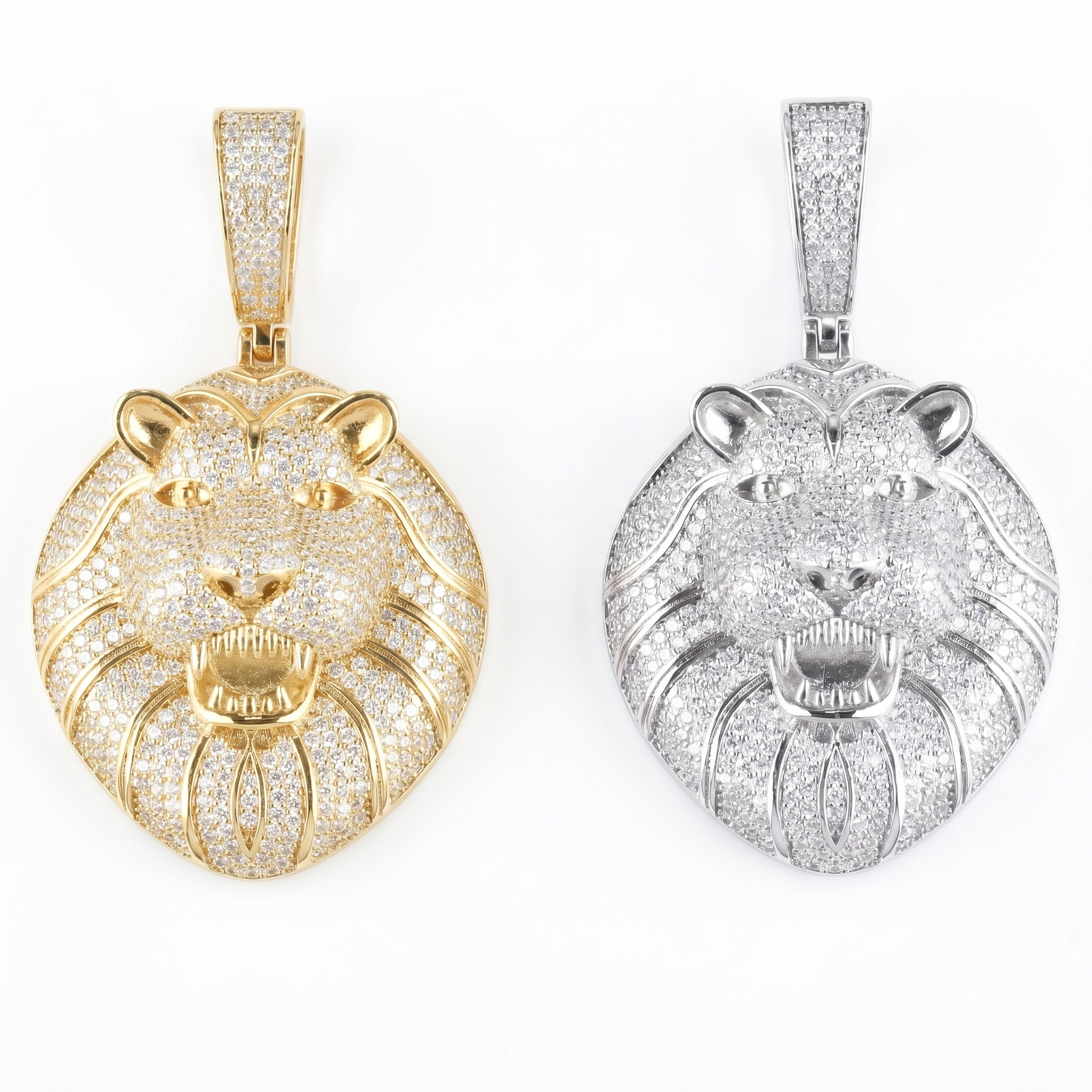 Studio flat lay comparing 18K yellow gold vermeil and white gold finish genuine VVS moissanite lion jewelry.
