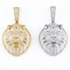 Studio flat lay comparing 18K yellow gold vermeil and white gold finish genuine VVS moissanite lion jewelry.