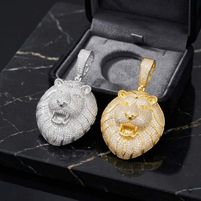 Source manufacturer custom micro pave production of moissanite hip hop pendant displayed on dark marble.