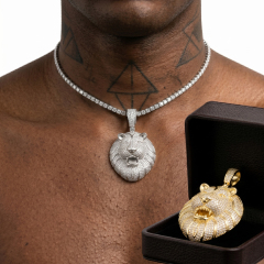 Male model wearing 6A excellent cut moissanite iced out lion pendant on a tennis chain with luxury gift box.