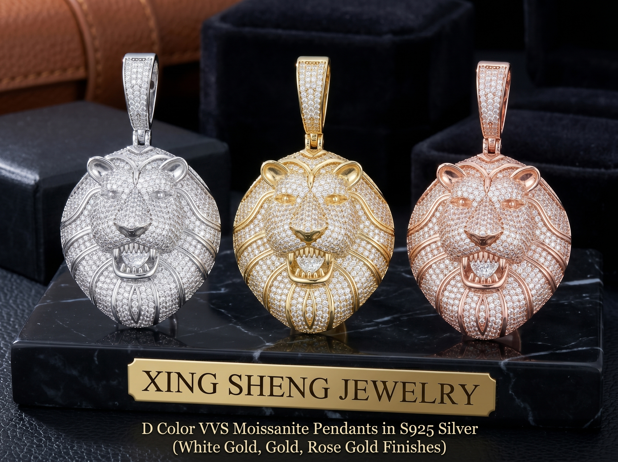 Front view of custom iced out moissanite lion pendants in S925 sterling silver showing white gold, yellow gold, and rose gold finishes.