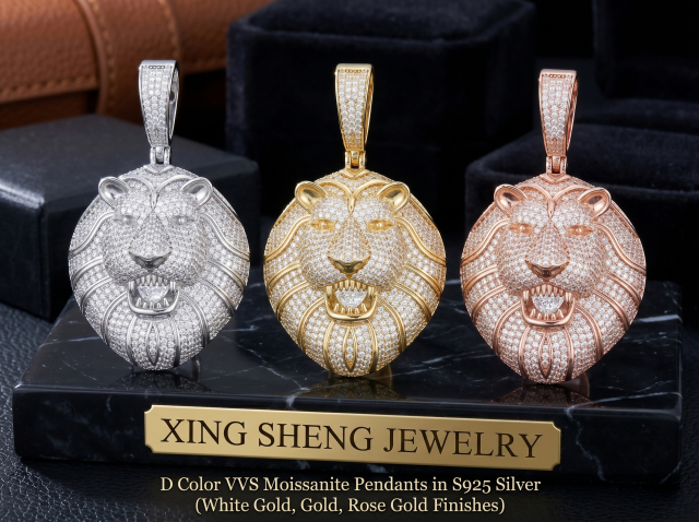 Front view of custom iced out moissanite lion pendants in S925 sterling silver showing white gold, yellow gold, and rose gold finishes.