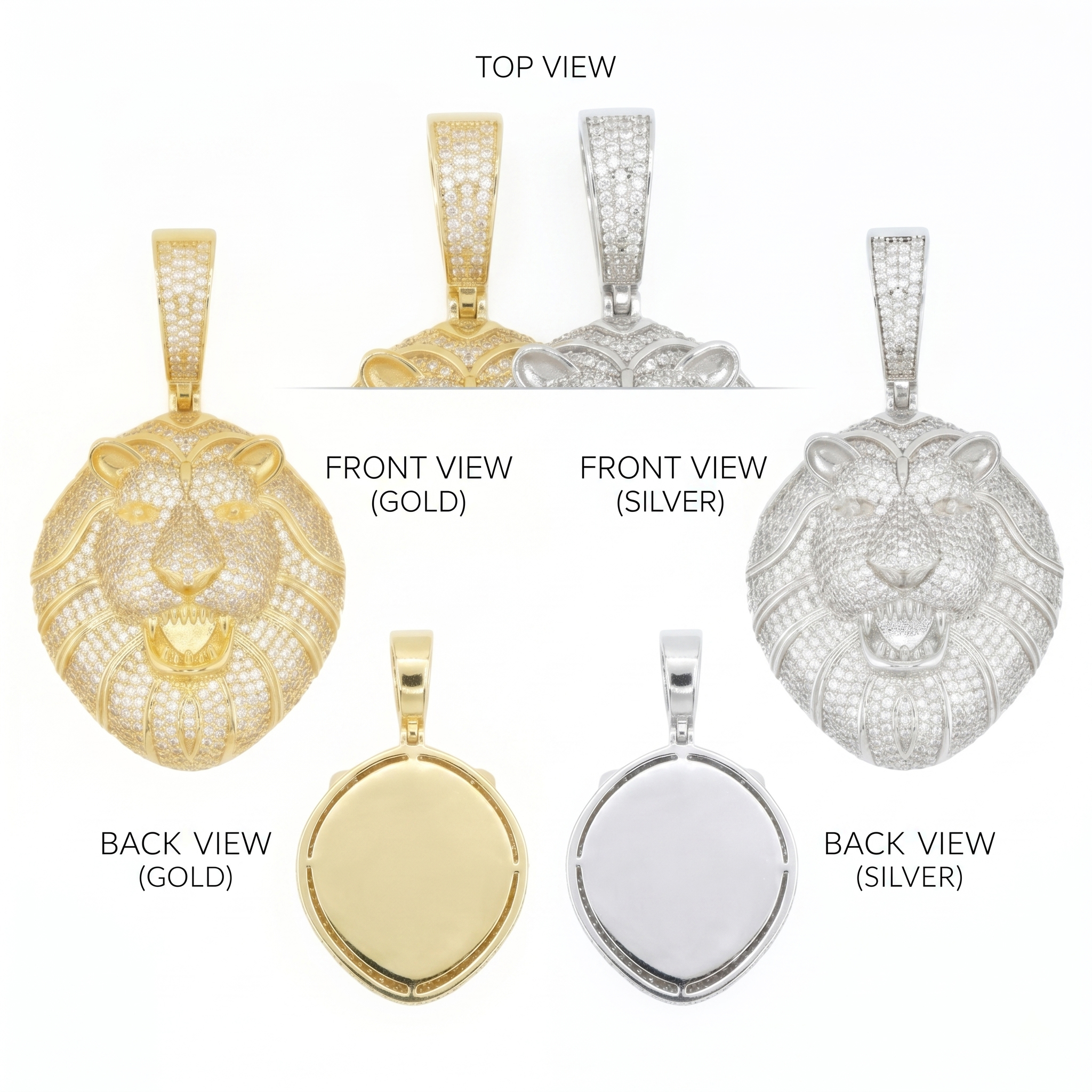 Multi-angle technical view of the GRA certified 6A VVS moissanite lion pendant showcasing the polished solid back design.