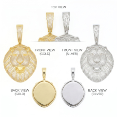 Multi-angle technical view of the GRA certified 6A VVS moissanite lion pendant showcasing the polished solid back design.