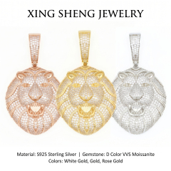 Product specifications showing S925 Sterling Silver base with D Color VVS Moissanite in White Gold, Gold, and Rose Gold.
