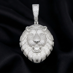 Macro close up of 18K white gold rhodium plated VVS moissanite lion head hip hop jewelry for men.