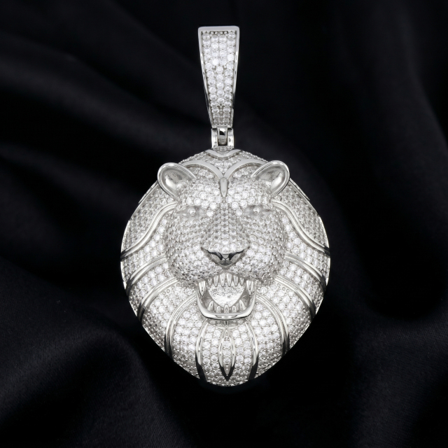 Macro close up of 18K white gold rhodium plated VVS moissanite lion head hip hop jewelry for men.