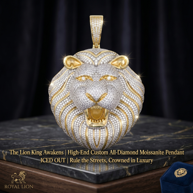 Custom 3D Iced Out Lion Head Pendant | 6A D-Color VVS Moissanite | Rhodium Plated S925 Sterling Silver Hip Hop Jewelry