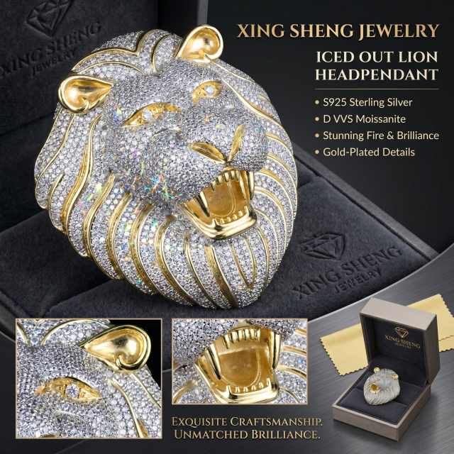 Custom 3D Iced Out Lion Head Pendant | 6A D-Color VVS Moissanite | Rhodium Plated S925 Sterling Silver Hip Hop Jewelry