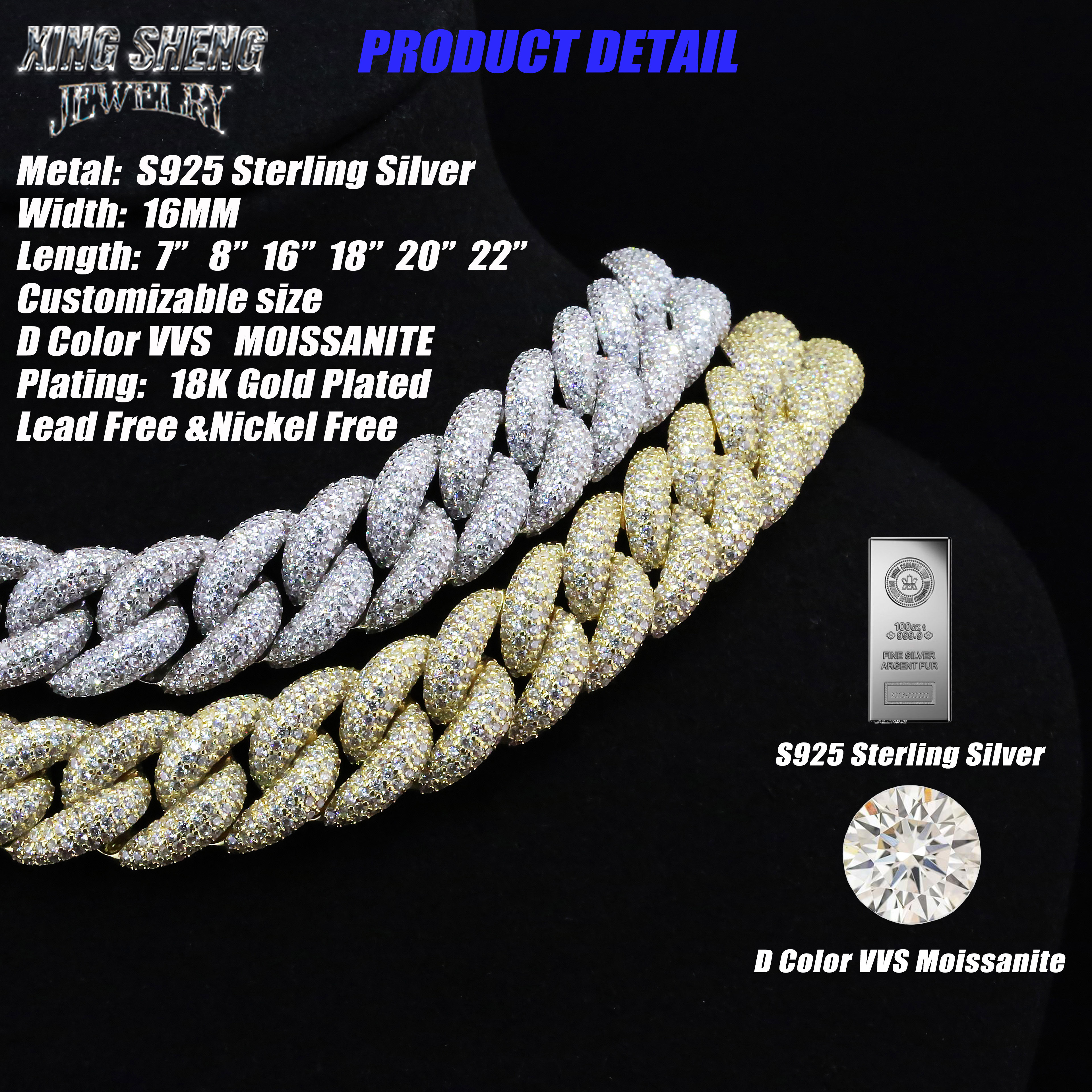 Close-up product details of a 16mm iced out moissanite Cuban link chain, highlighting the S925 sterling silver base, D color VVS moissanite stones, 18K gold plating, and customizable lengths.