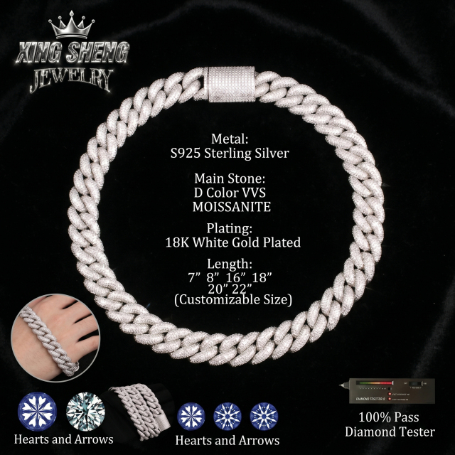 Front view of the premium 16mm moissanite Cuban link chain crafted in S925 sterling silver with rhodium plating, showcasing the brilliant D color VVS moissanite stones and the pristine Hearts and Arrows excellent cut passing a diamond tester.